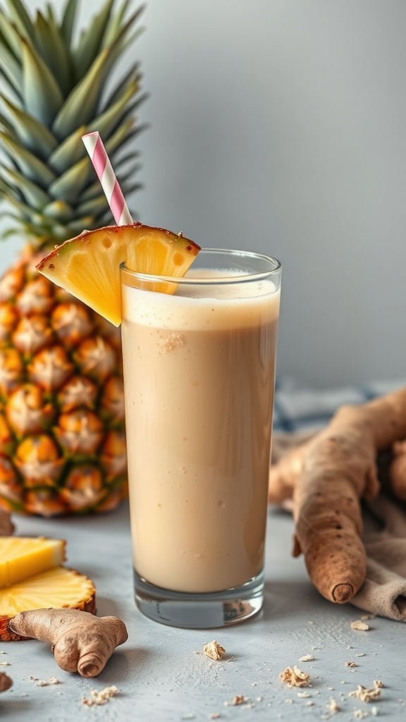A refreshing pineapple ginger smoothie in a glass, garnished with a slice of pineapple, with a whole pineapple and ginger root in the background.