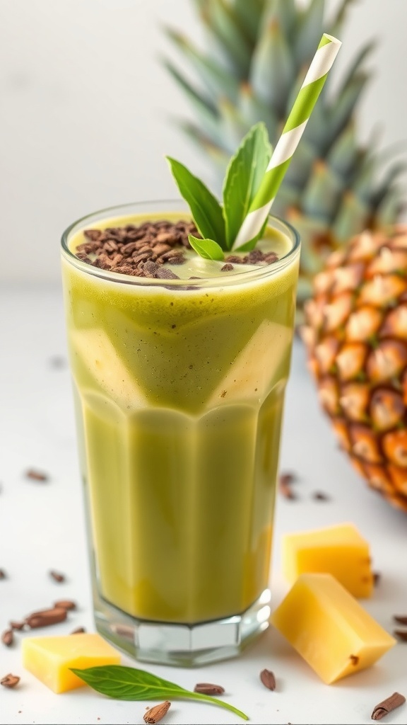 A refreshing Pineapple Green Tea Smoothie in a tall glass, garnished with a pineapple slice and fresh leaves, surrounded by pineapple chunks.