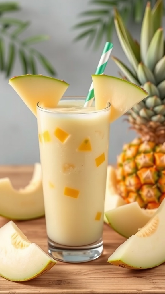 A refreshing pineapple honeydew smoothie in a glass, garnished with honeydew slices and surrounded by pineapple chunks.