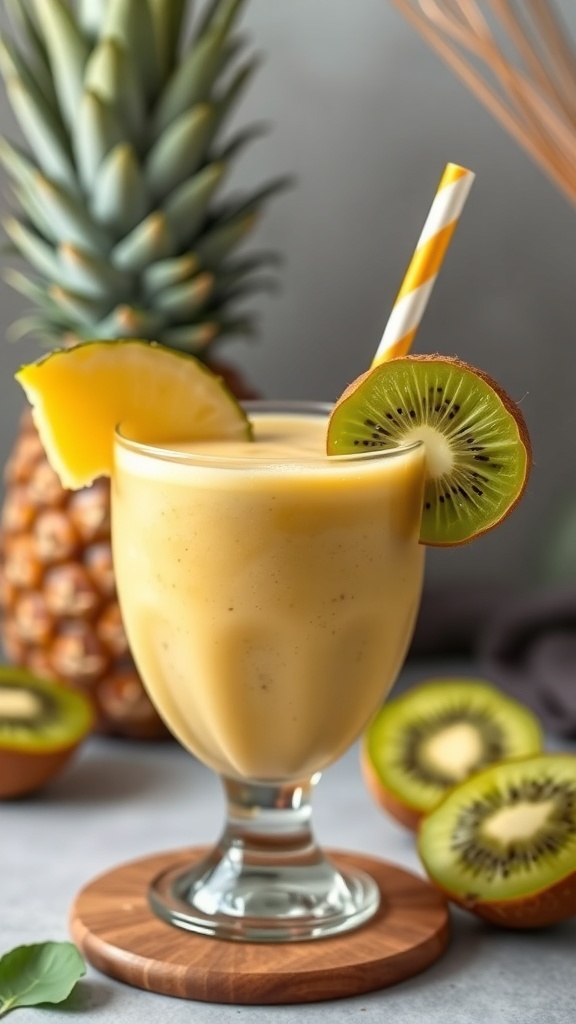 A refreshing pineapple kiwi smoothie in a glass, garnished with a pineapple slice, surrounded by fresh pineapples and kiwi halves.