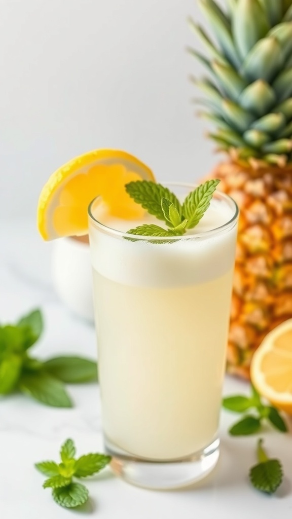A refreshing Pineapple Lemonade Smoothie in a glass with a lemon slice and mint, next to a pineapple.