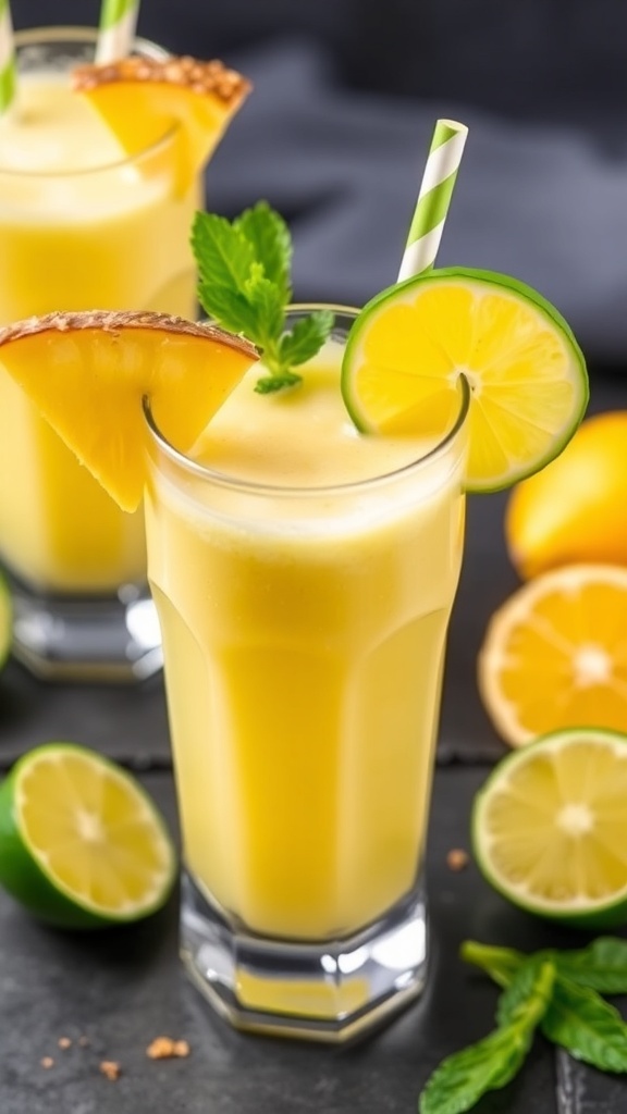 A refreshing Pineapple Lime Cooler smoothie in a tall glass with lime slices and green straws.