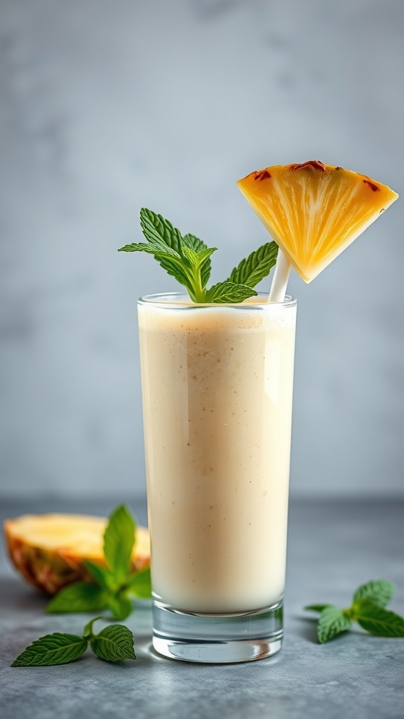 A refreshing Pineapple Mint Cooler smoothie in a tall glass, garnished with a slice of pineapple and mint leaves.
