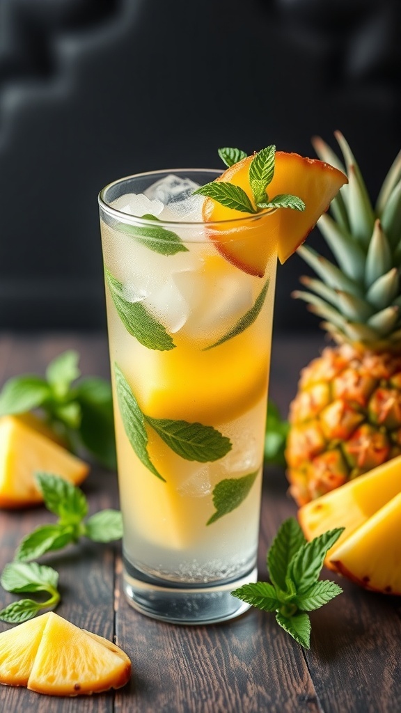 A refreshing Pineapple Mint Cooler mocktail with mint leaves and pineapple slices.