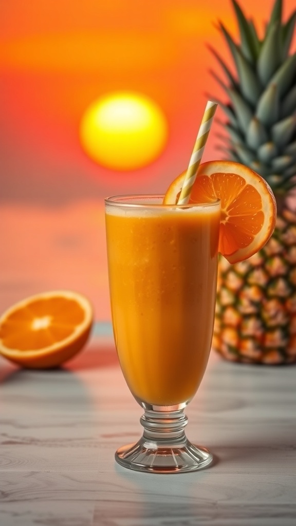 A refreshing pineapple orange smoothie with a slice of orange and a whole pineapple in the background, set against a sunset.