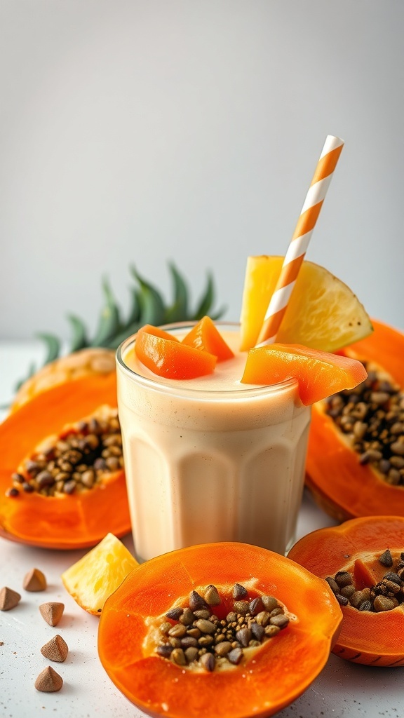 A refreshing pineapple papaya smoothie in a glass, garnished with fresh fruit, surrounded by halved papayas.