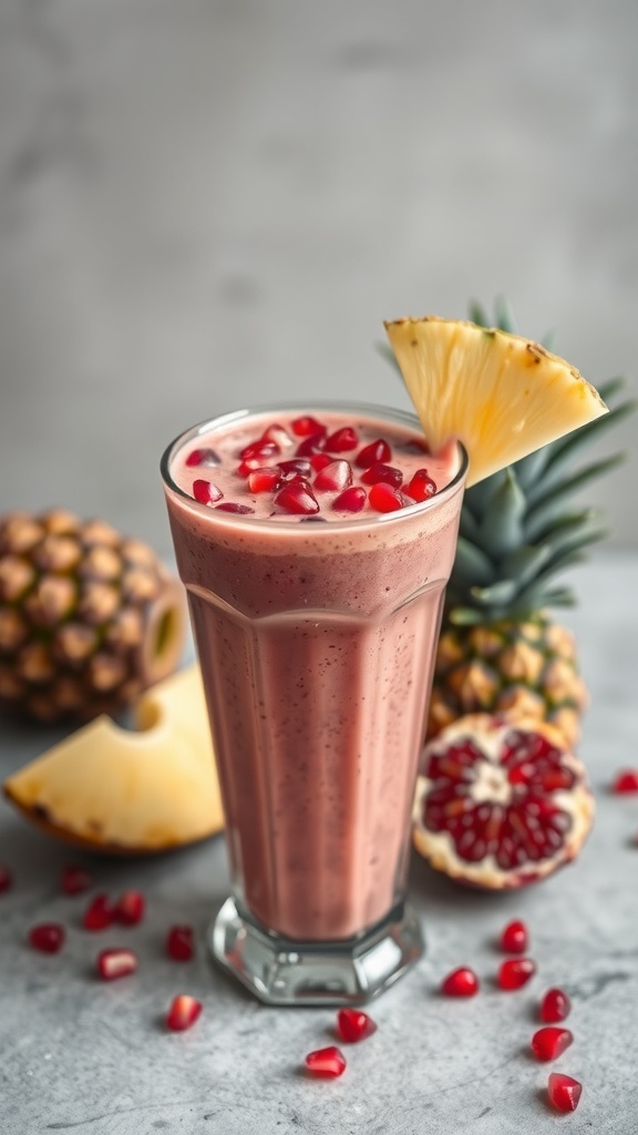 A refreshing pineapple pomegranate smoothie garnished with pomegranate seeds and a slice of pineapple, with fresh pineapples and pomegranate in the background.
