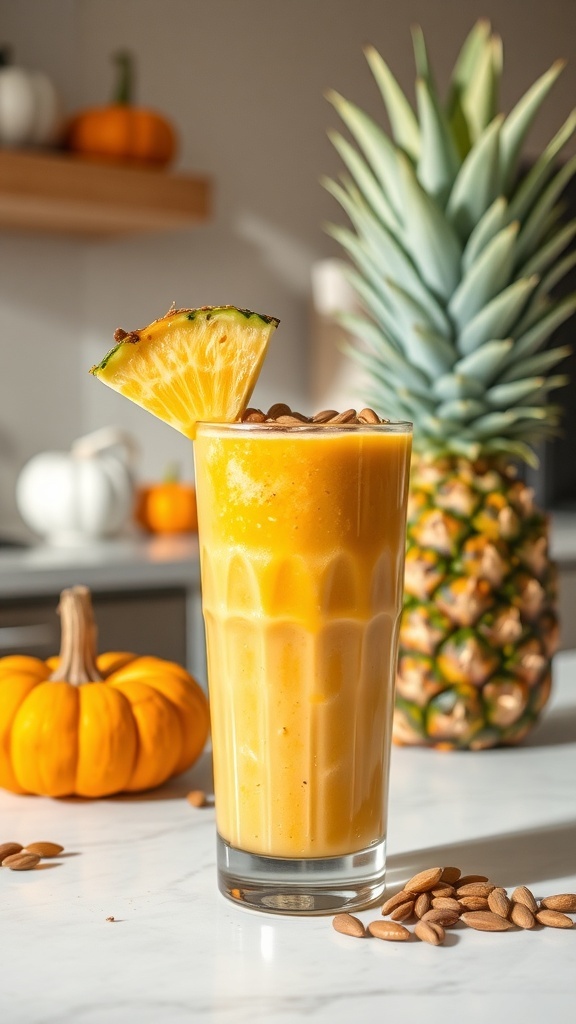 A glass of Pineapple Pumpkin Smoothie garnished with a pineapple slice, surrounded by pumpkins and a fresh pineapple.