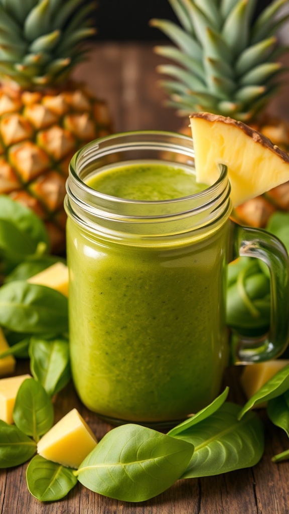 A green smoothie made with spinach and pineapple, served in a mason jar with fresh pineapple slices and spinach leaves around it.