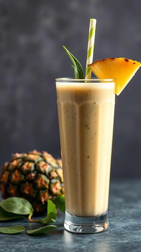 A tall glass of pineapple spinach smoothie with a slice of pineapple and mint garnish, next to a whole pineapple and spinach leaves.