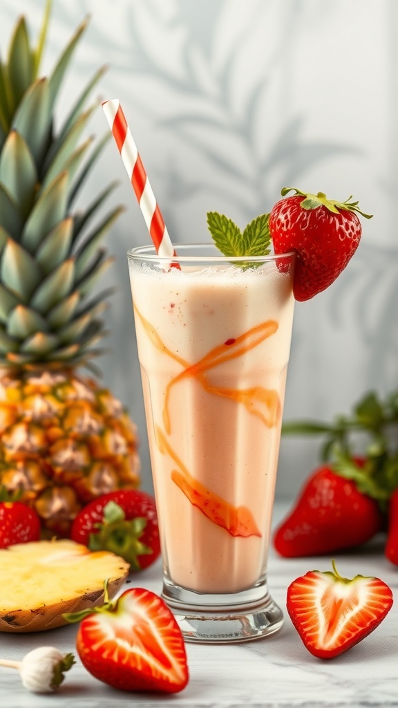 A refreshing Pineapple Strawberry Swirl smoothie in a glass, garnished with a strawberry and a striped straw, surrounded by fresh strawberries and a pineapple.
