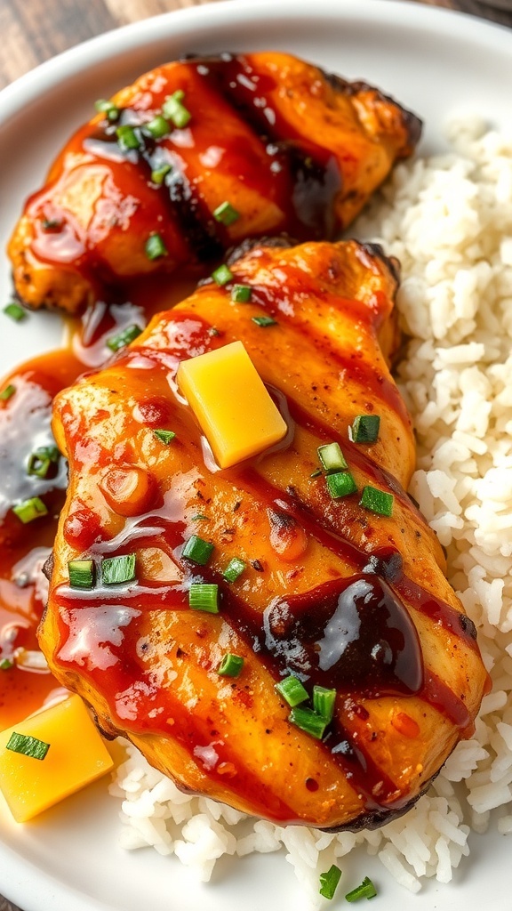 Plate of Pineapple Teriyaki Chicken served over rice with green onions and pineapple