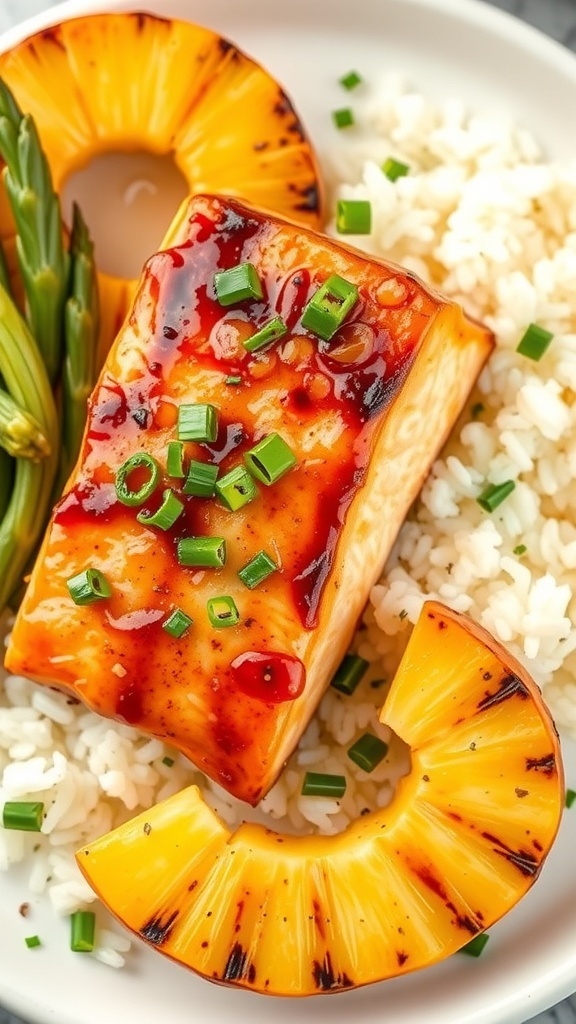 A plate of Pineapple Teriyaki Salmon with rice and grilled pineapple slices.