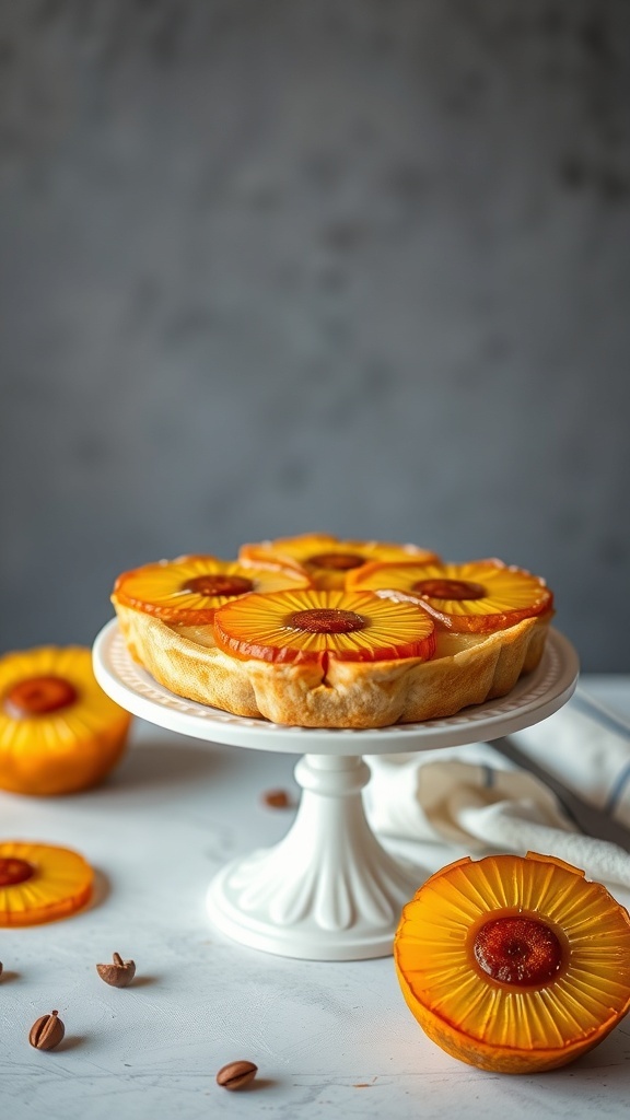 A beautifully arranged pineapple upside-down puff pastry on a white cake stand, surrounded by fresh pineapple slices.
