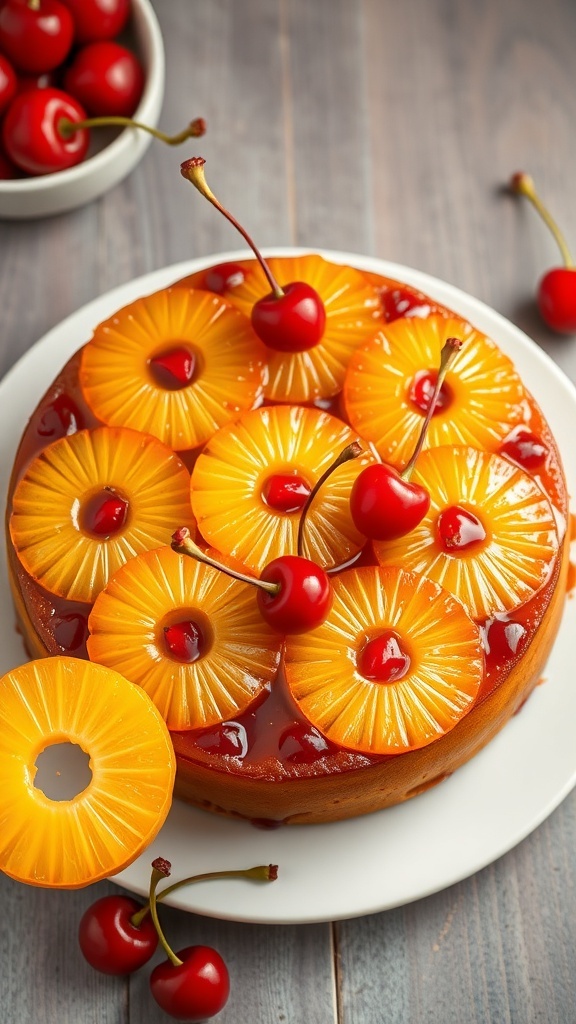A Pineapple Upside Down Cake topped with pineapple rings and cherries on a white plate.