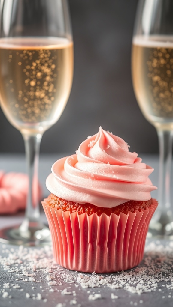 Pink champagne cupcake with pink frosting and two glasses of champagne in the background