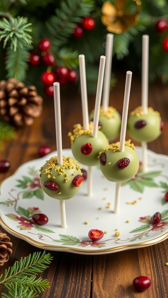 Pistachio and cranberry cake pops on a decorative plate, surrounded by holiday decorations.