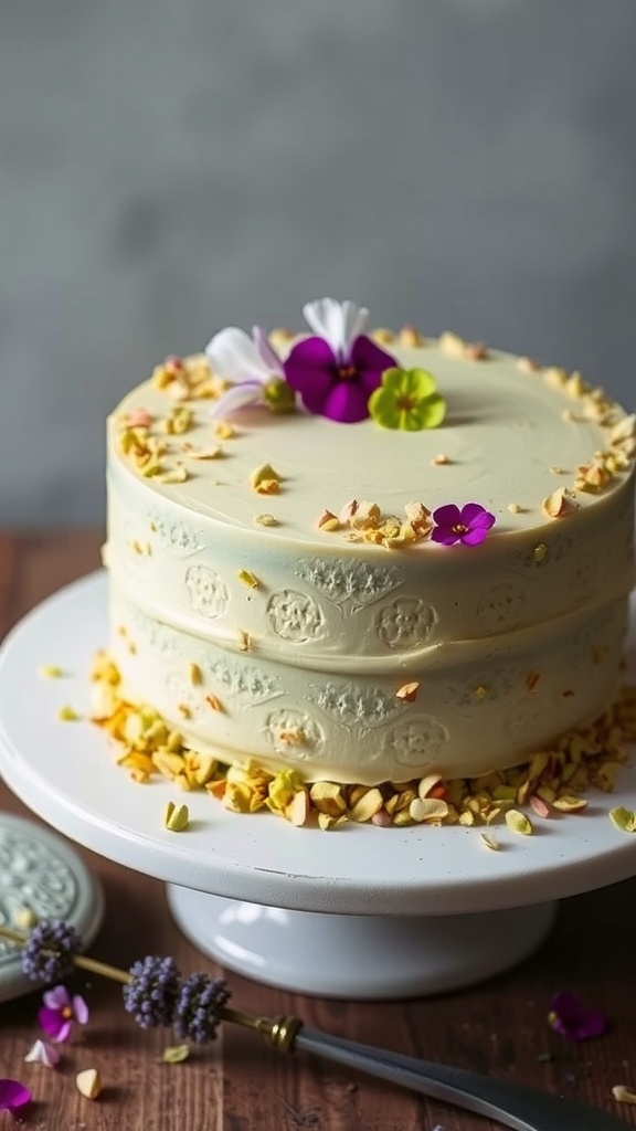 A beautifully decorated pistachio and rosewater cake topped with flowers and nuts.
