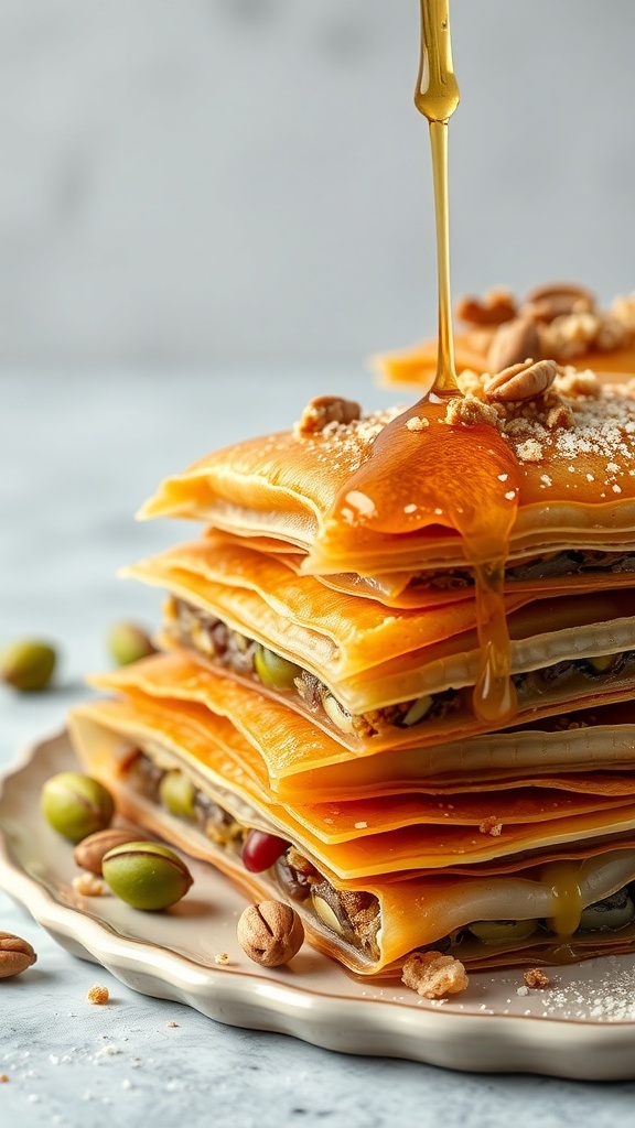 A stack of pistachio baklava drizzled with honey, showcasing layers of flaky pastry and nuts.
