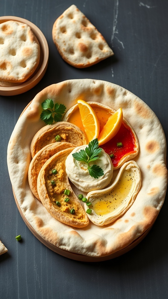A plate of pita bread with hummus and colorful veggies for dipping.