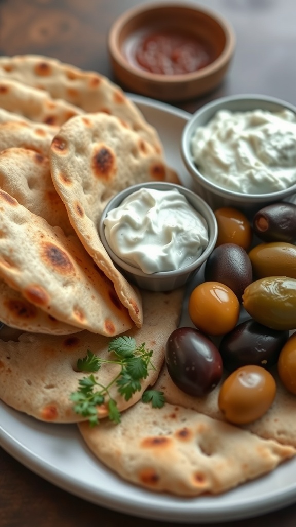 Plate of pita bread with tzatziki sauce and olives