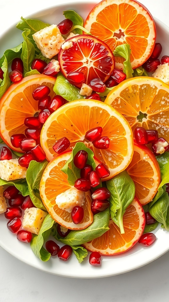 A vibrant Pomegranate and Citrus Salad featuring slices of oranges, blood oranges, pomegranate seeds, and greens.
