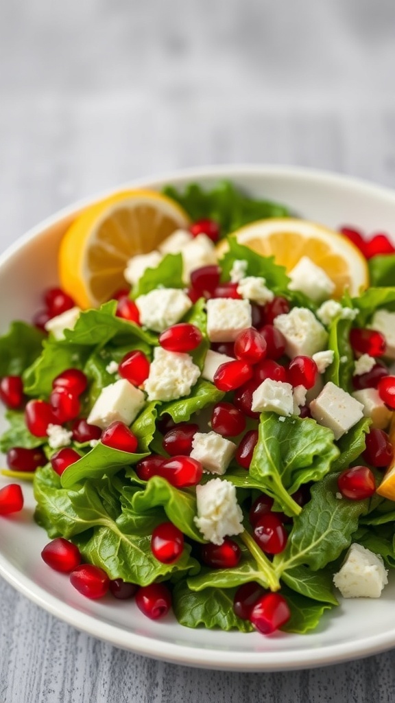 A colorful Pomegranate and Feta Salad with fresh greens and lemon slices.