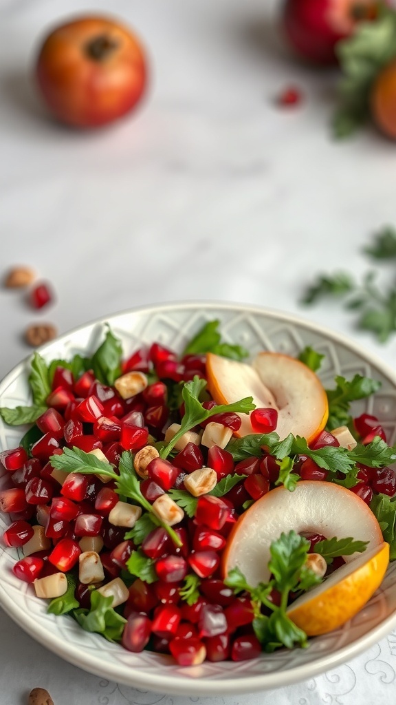 A vibrant Pomegranate and Pear Salad with greens and nuts in a decorative bowl.