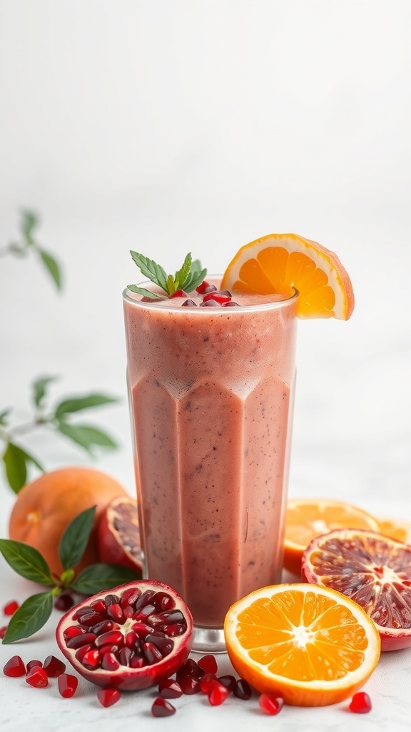 A tall glass of pomegranate citrus smoothie garnished with orange slice and mint, surrounded by pomegranates and oranges.