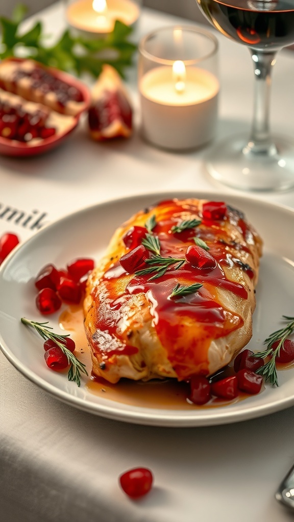 Pomegranate glazed chicken served on a plate with pomegranate seeds and herbs, accompanied by candles and a glass of wine.