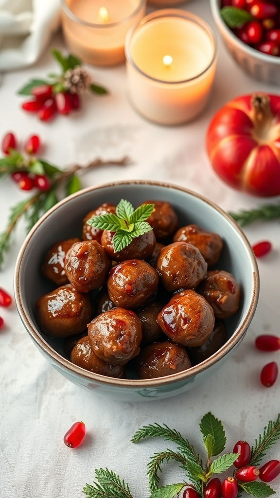 A bowl of pomegranate glazed meatballs surrounded by festive decorations