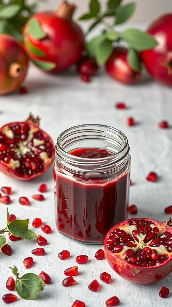 A jar of pomegranate jam surrounded by fresh pomegranates and their seeds