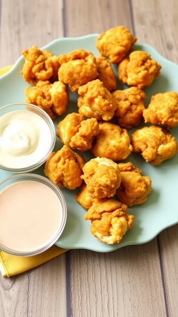 A plate of popcorn chicken bites with a dipping sauce