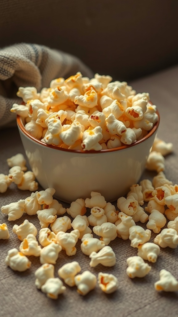 A bowl of popcorn seasoned with nutritional yeast, surrounded by scattered popcorn on a soft surface.