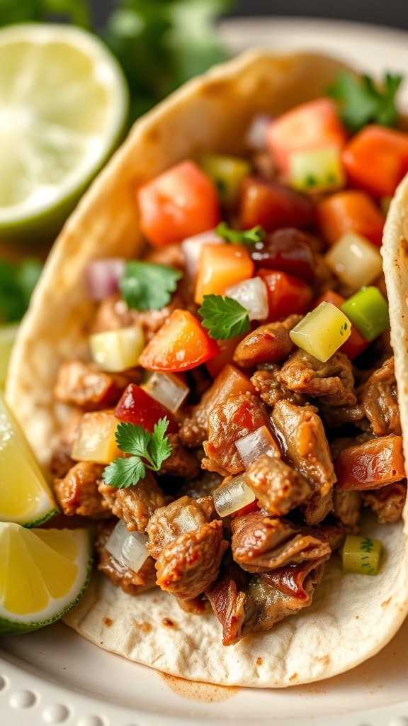 Delicious pork carnitas served in a tortilla with lime and cilantro