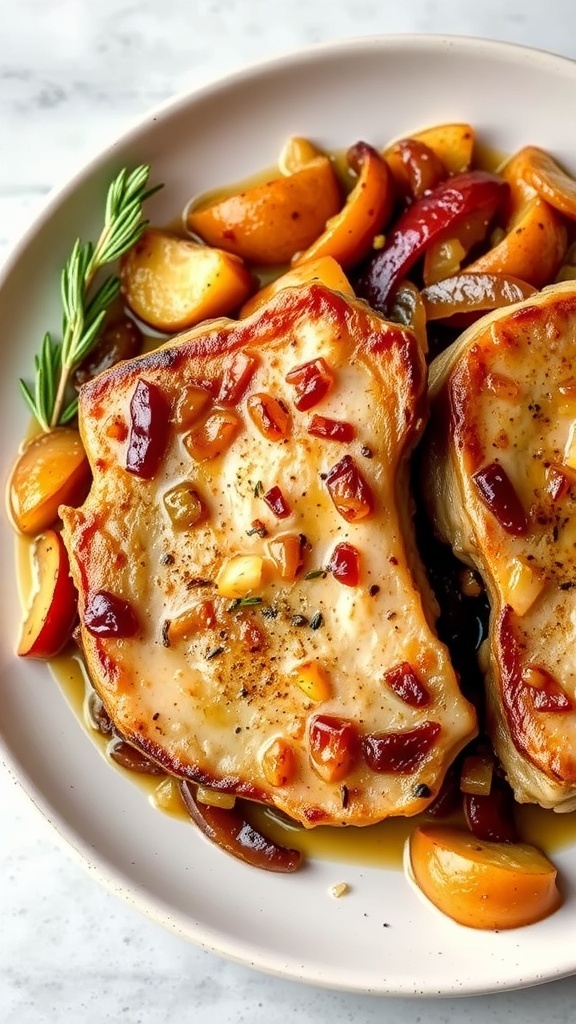 Delicious pork chops with apples and onions on a plate, garnished with herbs.