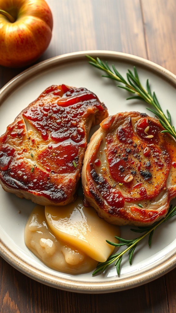 Plate of pork chops with applesauce and rosemary, with a fresh apple in the background.