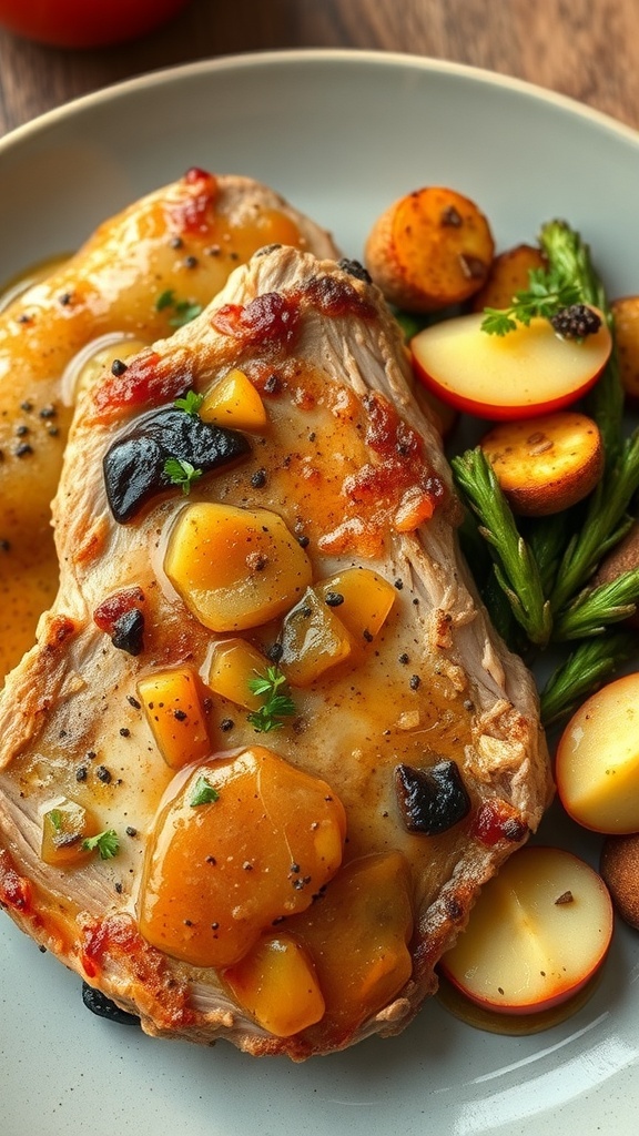 A plate of pork chops topped with applesauce, served with roasted potatoes and green beans.