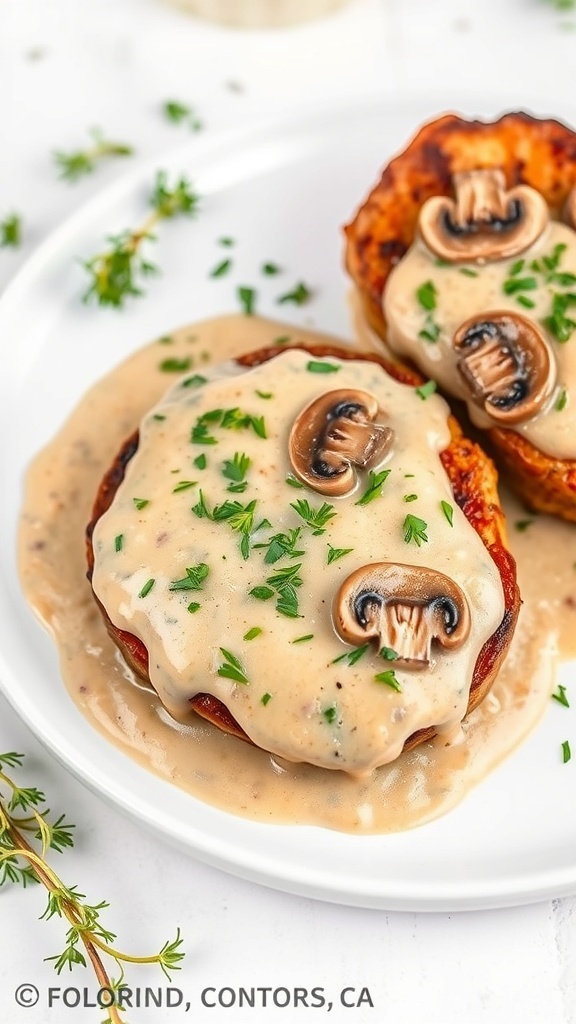 Pork chops with creamy mushroom sauce topped with parsley