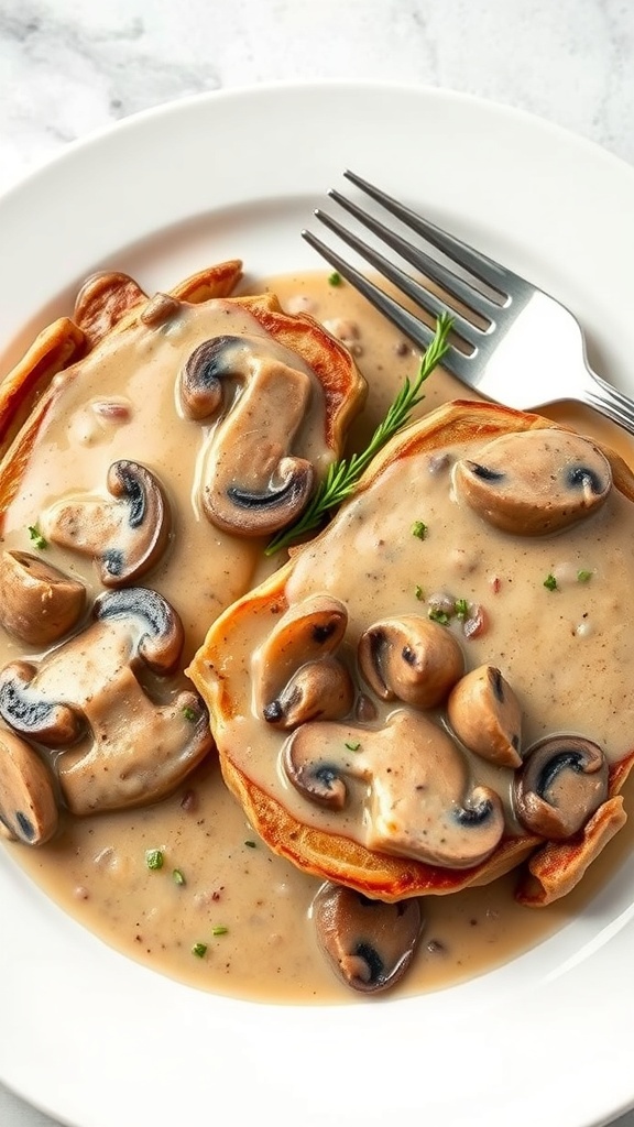 Pork chops with mushroom cream sauce on a plate
