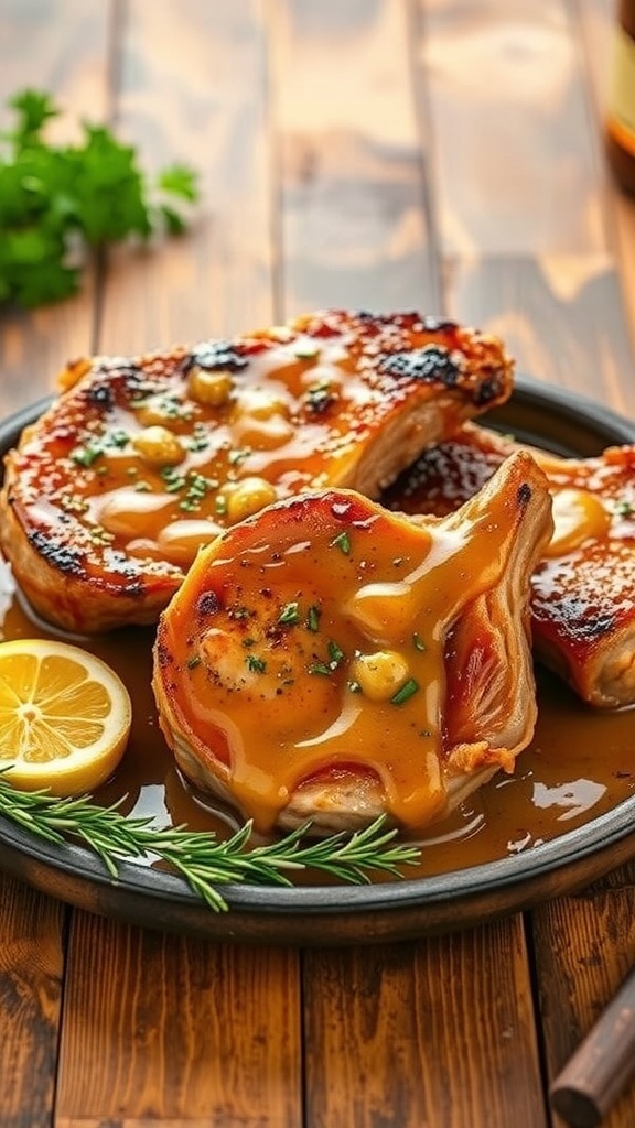 Delicious pork chops with mustard and honey glaze served on a wooden table.
