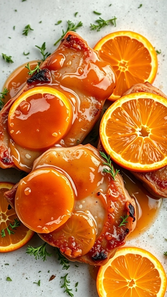 Pork chops glazed with orange marmalade and garnished with orange slices and thyme.