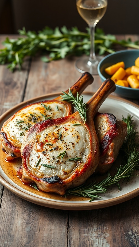 Delicious pork chops with roasted garlic and rosemary on a rustic wooden table