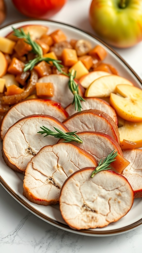 Platter of sliced pork tenderloin with apples and onions, garnished with rosemary.