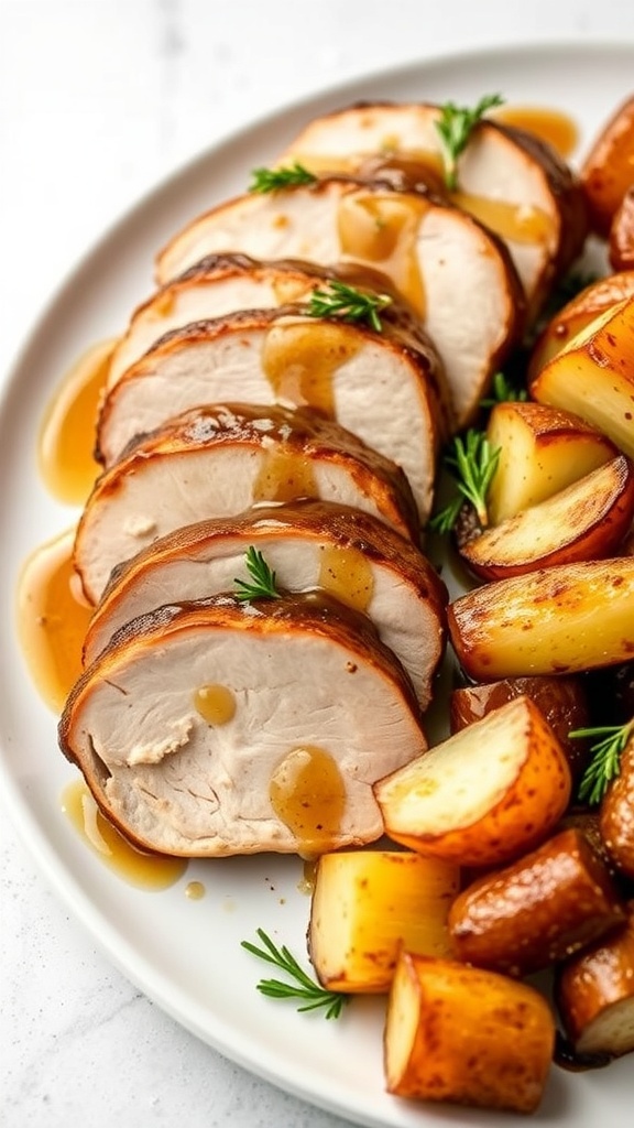 Sliced pork tenderloin drizzled with honey glaze, served with roasted potatoes.