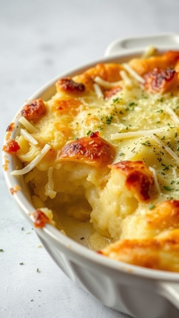 A creamy potato gratin with a golden, cheesy top, garnished with parsley.