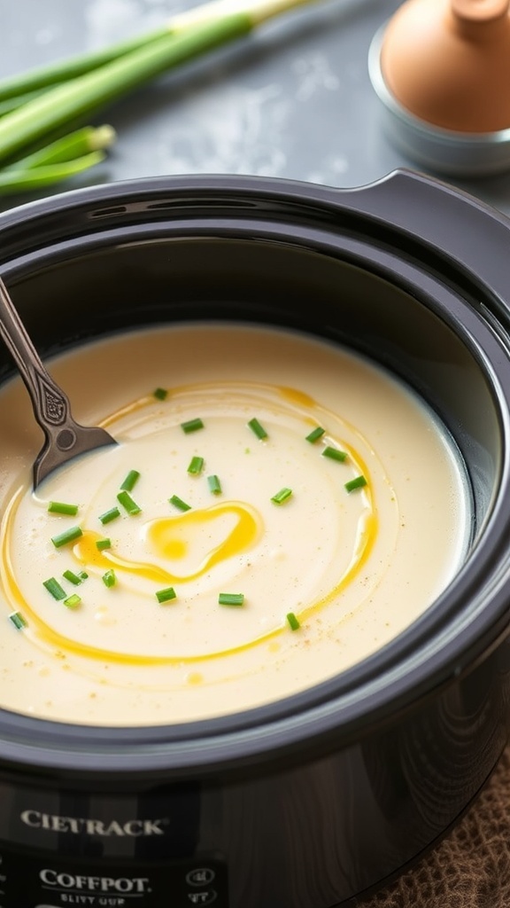 A bowl of creamy potato leek soup with a drizzle of olive oil and chopped chives on top.