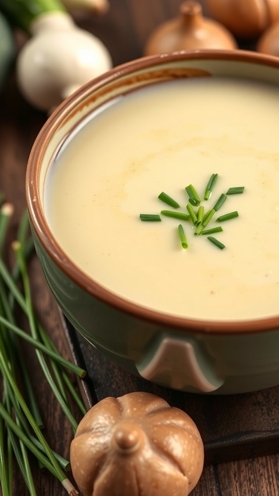 A bowl of creamy potato leek soup garnished with chives, surrounded by fresh leeks and a rustic background.