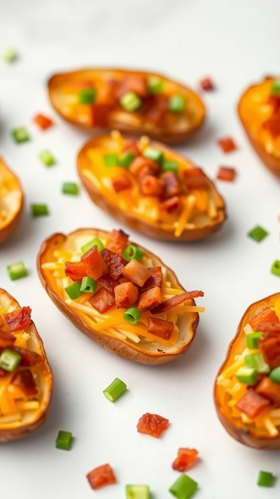 Delicious potato skins topped with cheese, bacon, and green onions.