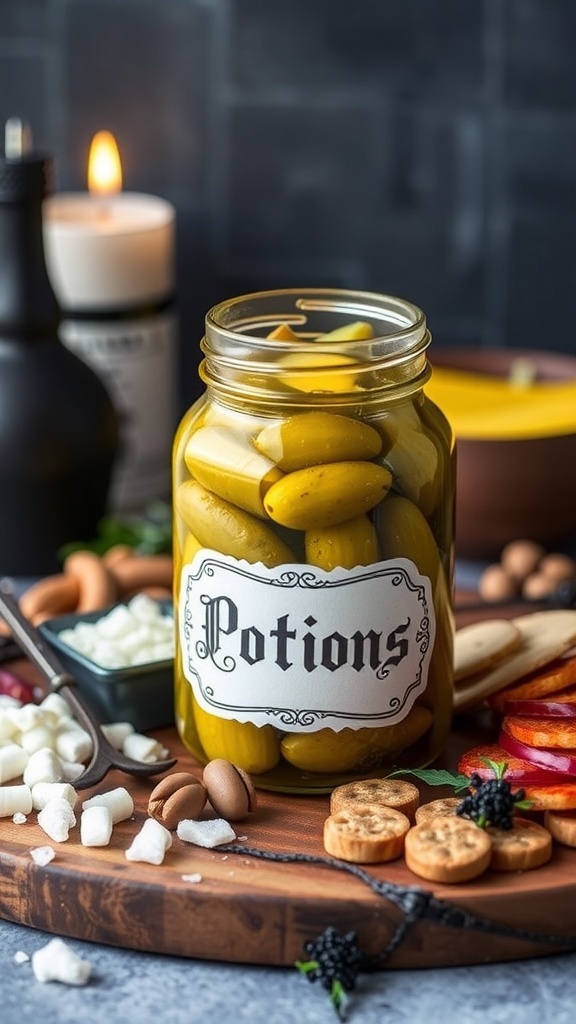 A jar labeled 'Potions' filled with yellow pickles, surrounded by a Halloween-themed charcuterie board.